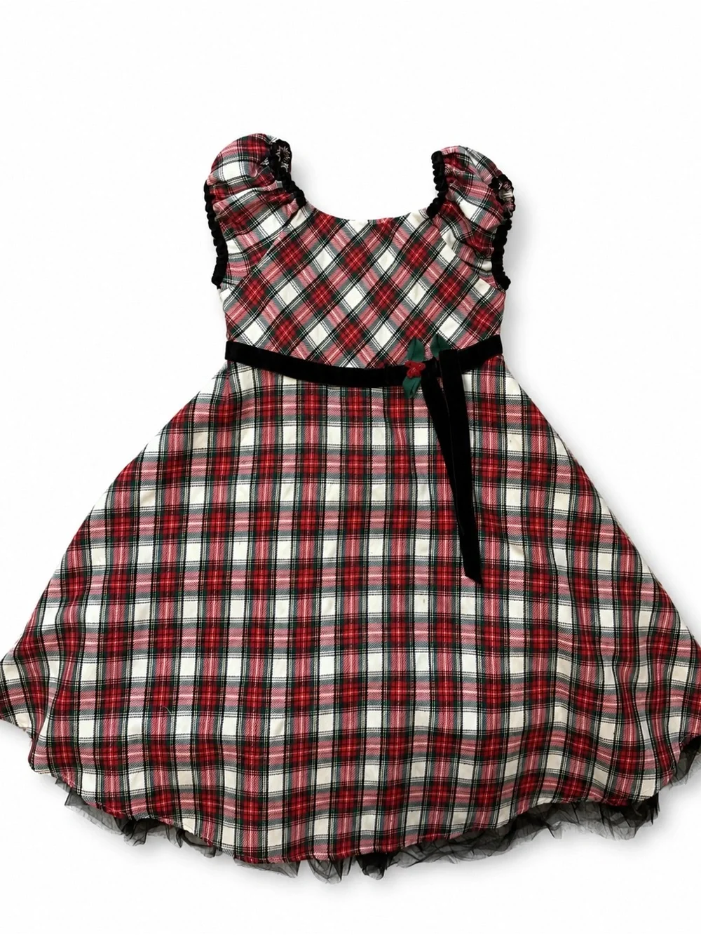Bonnie Jean Red and Black Plaid Velvet-Sash Holiday Dress